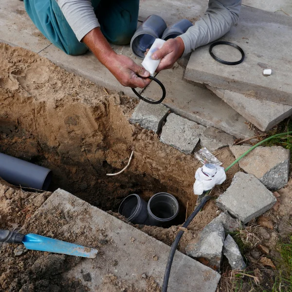 An image showing a plumber replacing a damaged sewer line.