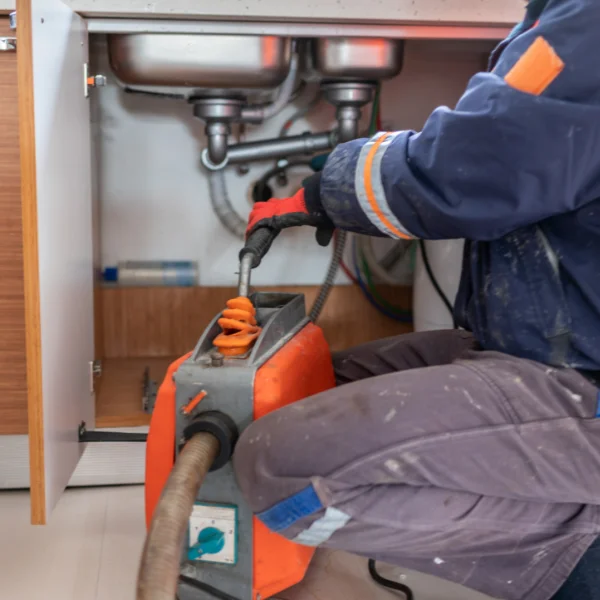 An image showing a plumber cleaning a drain with professional equipment.