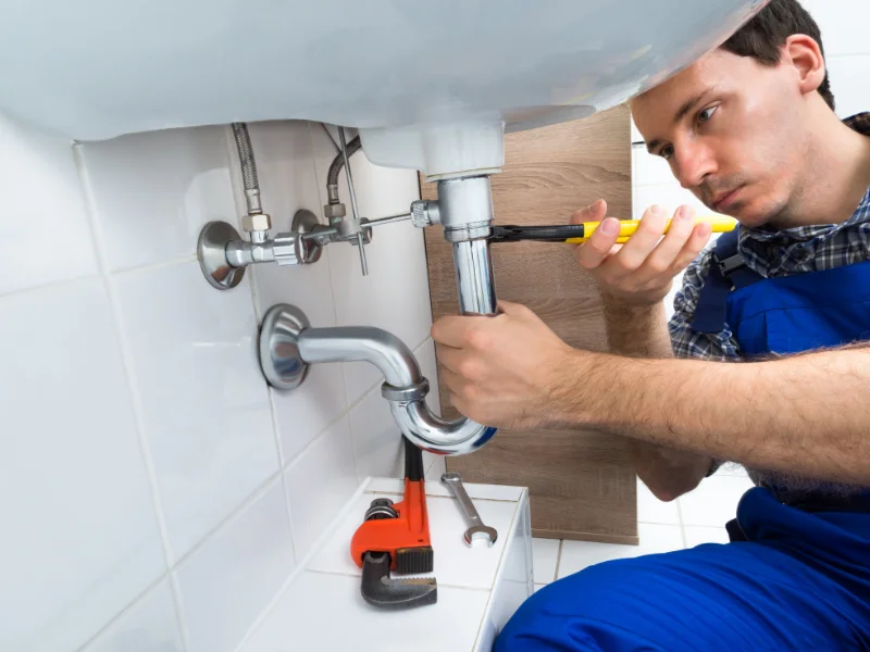 An image showing a plumber fixing a pipe.